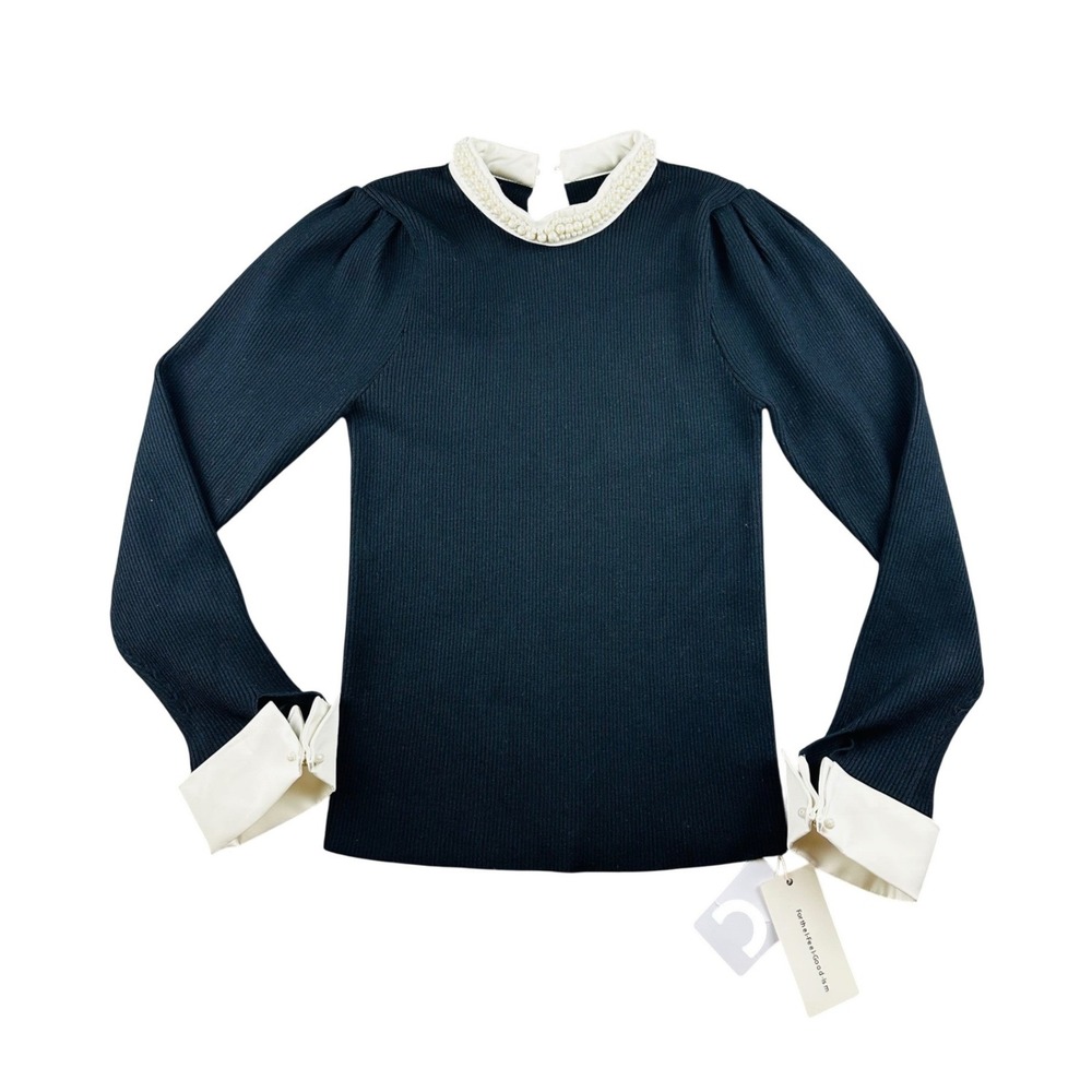 Commense Sweater Women M Blue Contrast‎ Trim Pearl-Detail Slim Fit Prep Coquette